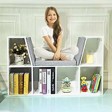 Costzon Kids Bookshelf with Reading Nook, 6 Cubby Kids Bookcase with Soft Seat Cushion, Wooden Toy S...