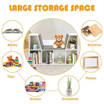 Costzon Kids Bookshelf with Reading Nook, 6 Cubby Kids Bookcase with Soft Seat Cushion, Wooden Toy Storage Organizer with Bench, Book Shelf for Kids Room, Playroom, Nursery, Daycare