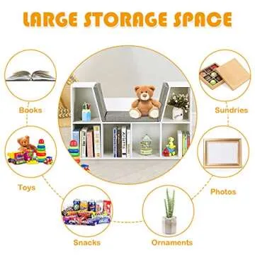 Costzon Kids Bookshelf with Reading Nook, 6 Cubby Kids Bookcase with Soft Seat Cushion, Wooden Toy Storage Organizer with Bench, Book Shelf for Kids Room, Playroom, Nursery, Daycare