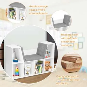 Costzon Kids Bookshelf with Reading Nook, 6 Cubby Kids Bookcase with Soft Seat Cushion, Wooden Toy Storage Organizer with Bench, Book Shelf for Kids Room, Playroom, Nursery, Daycare