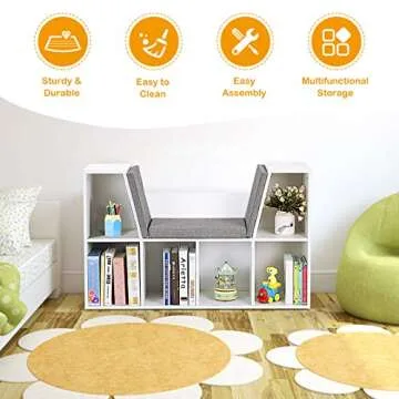 Costzon Kids Bookshelf with Reading Nook, 6 Cubby Kids Bookcase with Soft Seat Cushion, Wooden Toy Storage Organizer with Bench, Book Shelf for Kids Room, Playroom, Nursery, Daycare