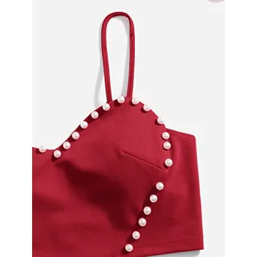 WDIRARA Women's Pearls Sleeveless Heart Crop Top Burgundy