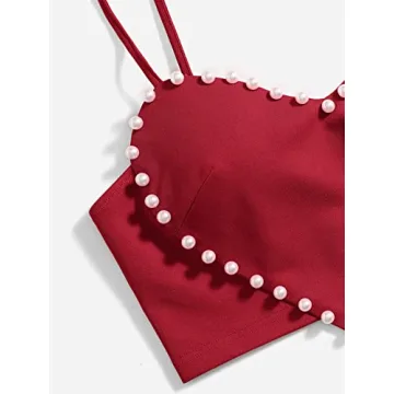 WDIRARA Women's Pearls Sleeveless Heart Crop Top Burgundy