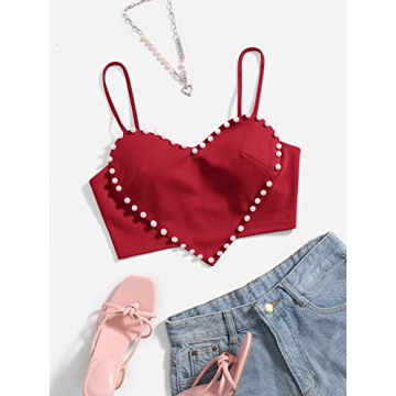 WDIRARA Women's Pearls Sleeveless Heart Crop Top Burgundy
