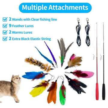 PETSTIE Cat Toy Feather Teaser Wand, 2PCS Retractable Rods, 11PCS Refills & 2 Extra Strings, Indoor ...