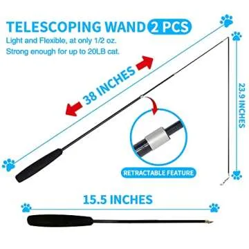 PETSTIE Cat Toy Feather Teaser Wand, 2PCS Retractable Rods, 11PCS Refills & 2 Extra Strings, Indoor Cat Play Toys with Irresistible Crinkle Sound, for Small Breeds
