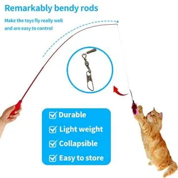 PETSTIE Cat Toy Feather Teaser Wand, 2PCS Retractable Rods, 11PCS Refills & 2 Extra Strings, Indoor Cat Play Toys with Irresistible Crinkle Sound, for Small Breeds