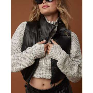 Ailoqing Womens Faux Leather Puffer Vest Zip Up Sleeveless Winter Cropped Jacket(#2Black-Cropped, L)