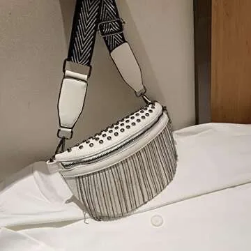 GLT.ETL Fanny Pack Chest Bag For Women Faux leather Fringe Quilted Waist Cross Body Blet Bum Bags Rivet Studded Tassel Purses (White)