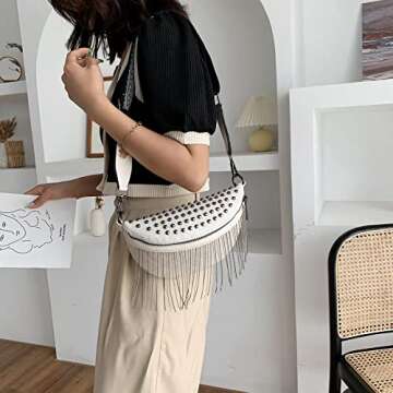 GLT.ETL Fanny Pack Chest Bag For Women Faux leather Fringe Quilted Waist Cross Body Blet Bum Bags Rivet Studded Tassel Purses (White)