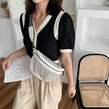 GLT.ETL Fanny Pack Chest Bag For Women Faux leather Fringe Quilted Waist Cross Body Blet Bum Bags Rivet Studded Tassel Purses (White)