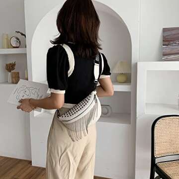 GLT.ETL Fanny Pack Chest Bag For Women Faux leather Fringe Quilted Waist Cross Body Blet Bum Bags Rivet Studded Tassel Purses (White)