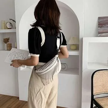 GLT.ETL Fanny Pack Chest Bag For Women Faux leather Fringe Quilted Waist Cross Body Blet Bum Bags Rivet Studded Tassel Purses (White)