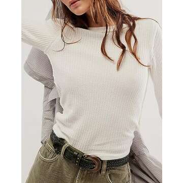 morhuduck Women's Waffle Knit Tops Long Sleeve Shirts Casual Slim Fitted Crew Neck Pullover Shirts,White S