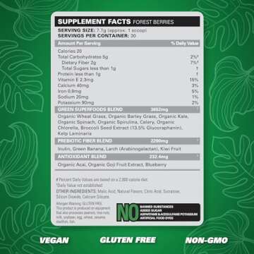 EHP Labs OxyGreens Super Greens Powder - Daily Greens Spirulina, Greens Superfood Powder & Greens Supplements Powder, Supergreens Antioxidants & Immunity Support, 30 Serves (Forest Berries)