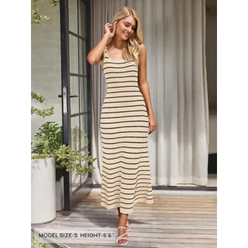MEROKEETY Women's 2025 Sleeveless Summer Tank Dress Striped Bodycon Maxi Dress Square Neck Ribbed Knitted Sundress Apricot M