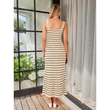 MEROKEETY Women's 2025 Sleeveless Summer Tank Dress Striped Bodycon Maxi Dress Square Neck Ribbed Knitted Sundress Apricot M