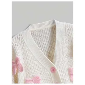 GORGLITTER Women's Cute Bow Cardigan Sweater Long Sleeve V Neck Button Down Pullover Top Apricot Small