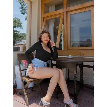 HYZ Women's 2 Piece Going Out Leotards Long Sleeve Slim Fit Comfy Bodysuit Tops Black Black X-Large