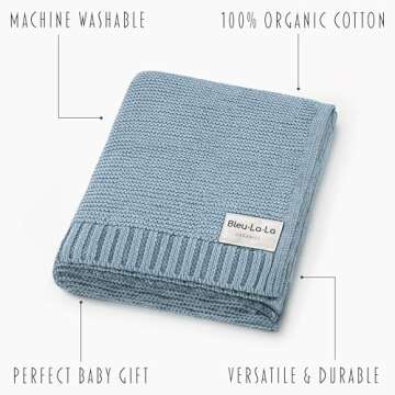 Bleu La La Organic Cotton Knit Receiving Blanket for Boys - 100% Luxury Soft Organic Cotton - Warm Cozy Swaddle Cuddle Stroller Crib Blanket for Newborns Infants & Toddlers (0-2Yrs - Sky Blue)