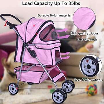 4 Wheels Pet Stroller Cat Dog Cage Stroller Travel Folding Carrier with Cup Holders and Removable Li...