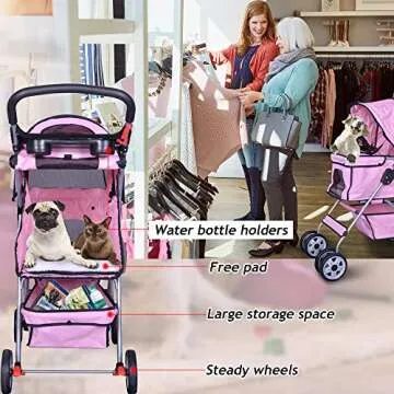 4 Wheels Pet Stroller Cat Dog Cage Stroller Travel Folding Carrier with Cup Holders and Removable Liner for Small-Medium Dog, Cat (Pink)