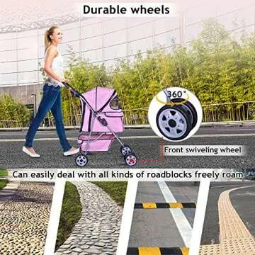 4 Wheels Pet Stroller Cat Dog Cage Stroller Travel Folding Carrier with Cup Holders and Removable Liner for Small-Medium Dog, Cat (Pink)