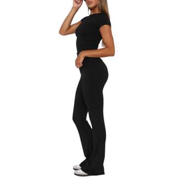 Darong Women's 2 Piece Lounge Set Fitted Short Sleeve Cropped Top Fold-Over Flare Pants Casual Outfits Pajamas Set 9046 Black S