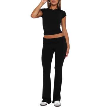 Darong Women's 2 Piece Lounge Set Fitted Short Sleeve Cropped Top Fold-Over Flare Pants Casual Outfits Pajamas Set 9046 Black S