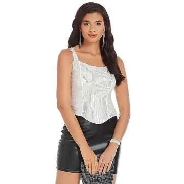 Women Bustier Corset Top Sexy Slim Tank Top Silver White Summer Sleeveless Party Square Neck XL