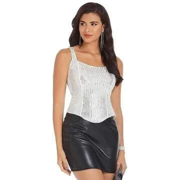 Women Bustier Corset Top Sexy Slim Tank Top Silver White Summer Sleeveless Party Square Neck XL