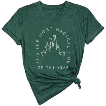 Merry Christmas Shirt Women Xmas Lights Castle Graphic Tops Tee Casual Short Sleeve Holiday T Shirt(...