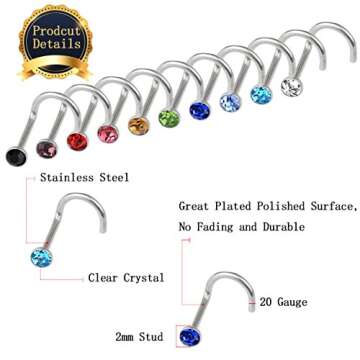 Cnomg 20 Pieces 316L Stainless Steel Rhinestone Nose Stud Rings Body Piercing- 10 Mixed Colors 2.2 M...
