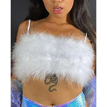 Women Rave Festival Feather Crop Tops Faux Fur Spaghetti Straps Tube Top for Concert Club Party