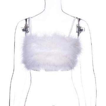 Women Rave Festival Feather Crop Tops Faux Fur Spaghetti Straps Tube Top for Concert Club Party