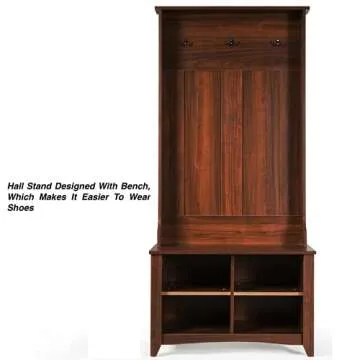 Dark Wooden Hall Tree Hall Stand Coat Hat Rack Storage Bench 4 Open Storgae Cubicles 3 Clothes Hanging Metal Hooks Clothes Storage Organizer Perfect For Home Entryway Hallway Garage Laundry Room Use