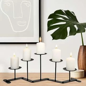 Adjustable Candelabra Candle Holder: Black Iron Candelabra Fireplace Candle Holder for Pillar Candle...