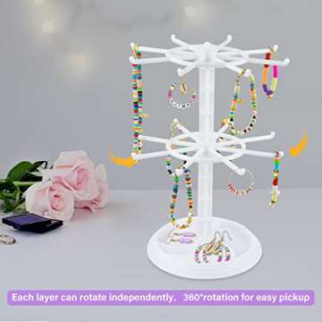 Jewelry Rack for Clay Beads Bracelets, Double-Layer Rotating Storage Display Stand for Polymer Clay Beads Bracelets Necklaces Anklets Jewelry, Gift Ideal for Women (White)