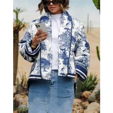 Omoone Women's Cropped Floral Quilted Jacket Cardigan Printed Lightweight Open Front Padded Puffer C...