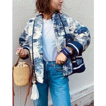 Omoone Women's Cropped Floral Quilted Jacket Cardigan Printed Lightweight Open Front Padded Puffer Coat Outwear(Blue-S)