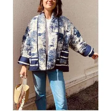 Omoone Women's Cropped Floral Quilted Jacket Cardigan Printed Lightweight Open Front Padded Puffer Coat Outwear(Blue-S)