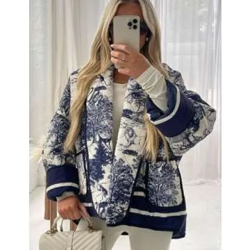 Omoone Women's Cropped Floral Quilted Jacket Cardigan Printed Lightweight Open Front Padded Puffer Coat Outwear(Blue-S)