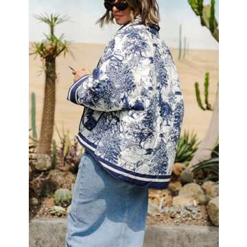 Omoone Women's Cropped Floral Quilted Jacket Cardigan Printed Lightweight Open Front Padded Puffer Coat Outwear(Blue-S)