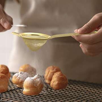 TeamFar Fine Mesh Strainer, 3.3’’ Stainless Steel Tea Strainer with Long Handle, Small Conical Cone Mesh Strainer for Cocktail Coffee Juice Flour, Non-Toxic & Easy Clean, Hanging Loop, Gold