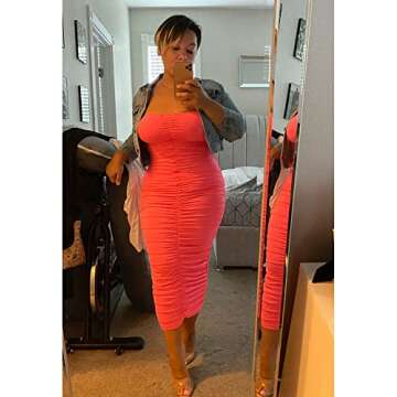 BEAGIMEG Women's Sexy Ruched Strapless Bodycon Tube Maxi Long Club Dress Fluorescent Pink