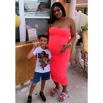 BEAGIMEG Women's Sexy Ruched Strapless Bodycon Tube Maxi Long Club Dress Fluorescent Pink