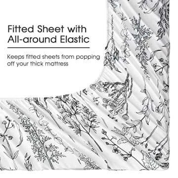 HYPREST Floral Bed Sheets King Size, 18 inches Deep Pocket Sheets 1800 Thread Count, Black and White Leaf Sheet Set Soft Breathable Cute Aesthetic Sheets Shabby Chic Bed Sheets,Oeko-Tex Certificated