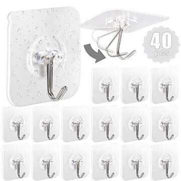 AROIC Adhesive Hooks for Hanging, 40 Packs Hook Heavy Duty Self Adhesive Wall Hooks 20 lbs / 9 kg (M...