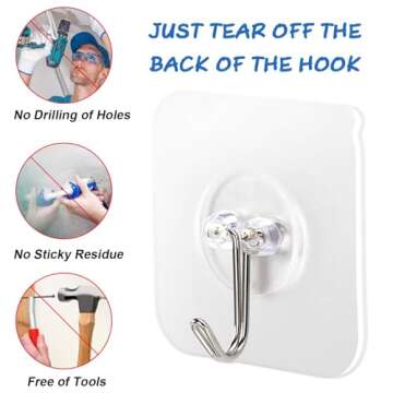 AROIC Adhesive Hooks for Hanging, 40 Packs Hook Heavy Duty Self Adhesive Wall Hooks 20 lbs / 9 kg (Max), Removable, Waterproof Hook for Bedroom Kitchen Bathroom