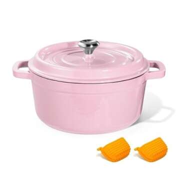 Roydx Enameled Cast Iron Dutch Oven Pot with Lid, 6 Quart Dutch Oven for Bread Baking–Dual Handles w/Silver Knob–Oven Safe up to 500° F or on Stovetop, Undoubtedly Gift-Worthy, Pink Dutch Oven